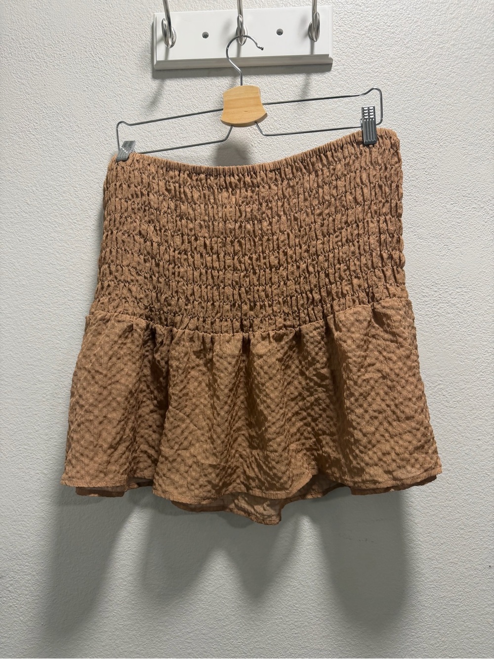 Textured Brown Smocked Mini Skirt with Ruffle Hem